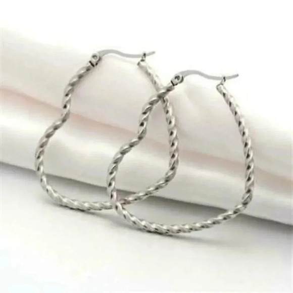 304 Stainless Steel Hoop Earrings 44mm Twisted Open Heart - Picture 1 of 1